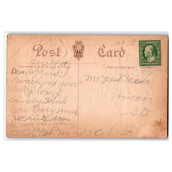 Vintage 1919 Embossed Christmas Postcard Santa Sleigh Holly Berries - Picture 2 of 2